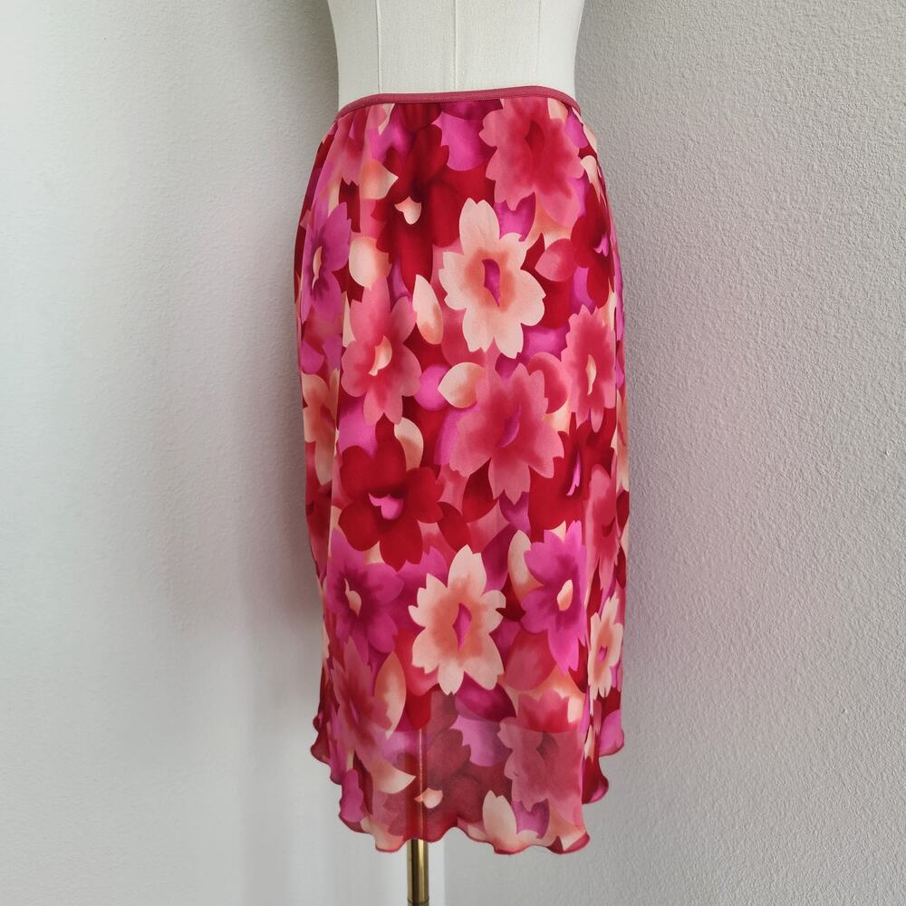 Vintage Y2K Worthington Pink Floral Elastic Waist Skirt Bias Cut Knee Length S